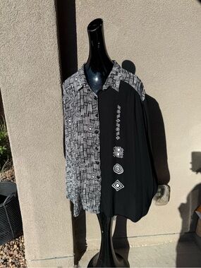 Vintage BOP 3X Black White Art-To-Wear Rayon Blouse Shirt Plus Size Oversized